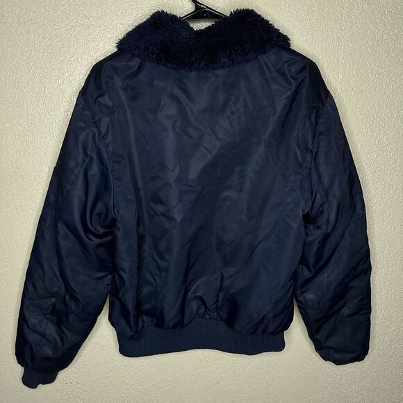 VTG Sears Work Leisure Faux Fur Bomber Flight Nylon Jacket L 38-40 Navy Blue - Picture 3 of 6